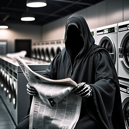 TheNazgul1024, a man with no face wears a cape, read newspaper, sitting in a self-service laundry, detailed eyes, highly detailed, photography, ultra sharp, film, bokeh, professional, 4k <lora:add-detail-xl:1.5> <lora:TheNazgul1024:0.8>