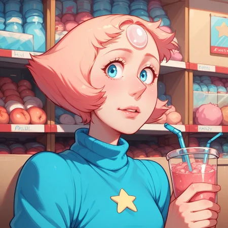 High detailed Draw, 2d, solo, score 9, 1 girl, cute expression, pearl (steven Universe), peach color hair, short hair, blue eyes, white color skin, focus on face, good drawn face, enjoy expression, one hand in the cheek, holding a beverage container, detailed background, detailed drawn face, detailed drawn hands, ligth blue sweater, autumm lights, store