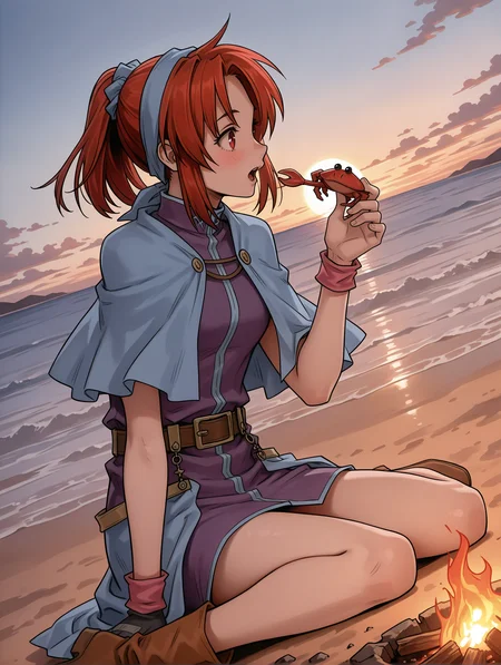 masterpiece,best quality,newest,
solo,1girl,
<lora:chris_ilxl_v1.1:1>,chris,red hair,red eyes,c_clothes,single glove,
<lora:Fixhands_anime_bdsqlsz_V1:1>,cinematic_angle,dynamic_angle,dutch angle,ocean,sandy beach,profile,from_side,light_blush,blush,bonfire,morning sun,sunrise,wariza,holding crab,feeding,facing ahead,open mouth,