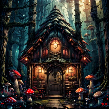 ((masterpiece,best quality)), absurdres, 8k, intricate, high detail,   
<lora:Magical_Forest_Home_v2:0.8>, Magical_Forest_Home, (detailed wooden door:1), mushrooms, Mushroom house, magic, glowing,
<lora:more_details:0.7>