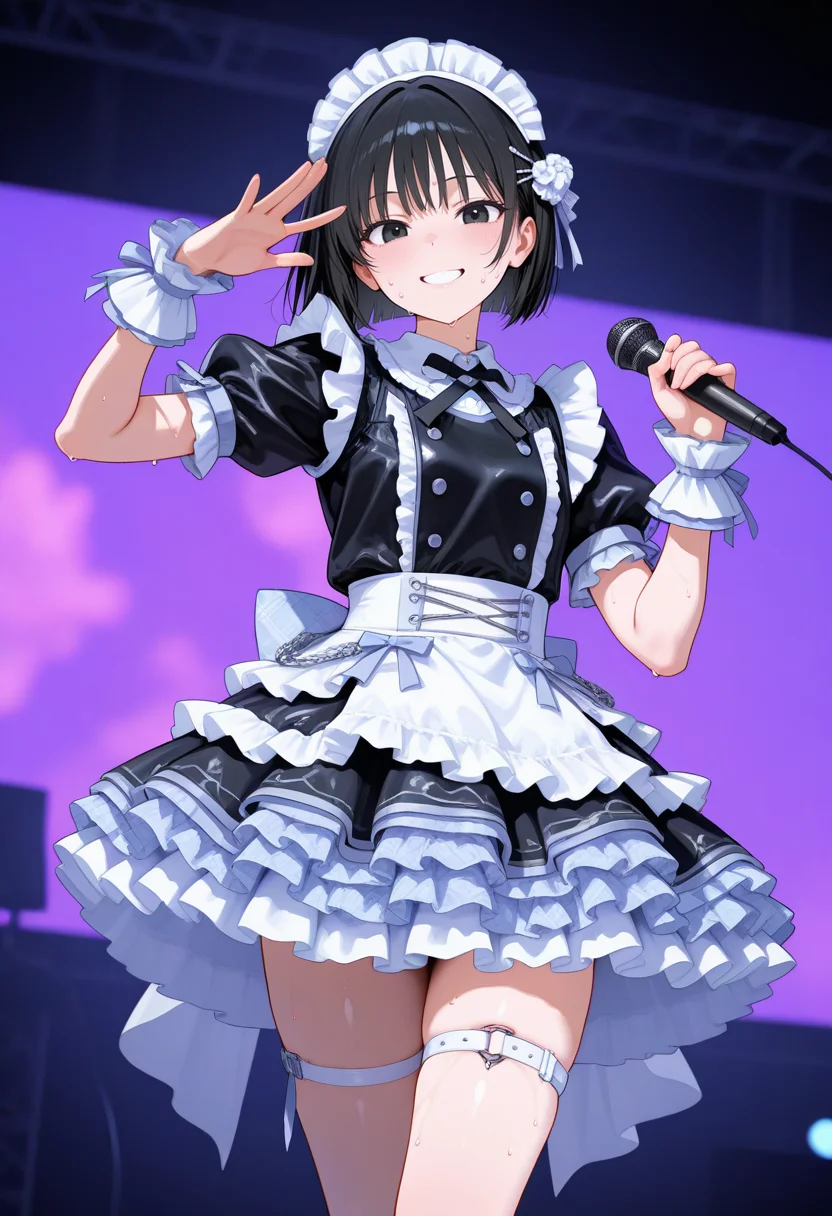 masterpiece,best quality,amazing quality, very aesthetic, ((outlined outlined vector graphics)), cute face, (glow eyes:0.5) , looking at viewer, cowboy shot,
1girl,20yo, black hair, black eyes, short bob hair, hair pin,small breast, slender,(white thigh strap:1.1),
black clothes, (focus female), smile,action pose , (clothed:1.1),
idol, idol outfit, japanese-idol-outfit, clothed, frilled dress,, idol stage,microphone , open eyes , sweat,
, <lora:idol-outfit-il-20:1.0>