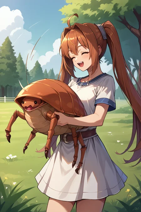 score_9, score_8_up, source_7_up, source_anime, BREAK 1girl <lora:estelle-pdxl-nvwls-v1:1> fcEstelle, twintails, white t-shirt, short sleeves, white skirt, belt, closed eyes, open mouth, happy, holding a huge beetle with both hands, stag beetle, tree, grass, field