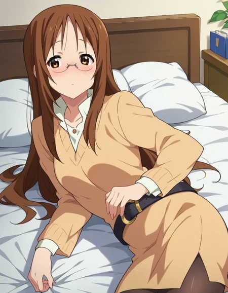 score_9, score_8_up, score_7_up, source_anime,
sawakoyamanaka, <lora:sawako-yyamanaka-s2-ponyxl-lora-nochekaiser:1>,
sawako yamanaka, brown eyes, brown hair, glasses, long hair,
belt, official style, pantyhose, teacher, dress, light brown dress, skirt, pencil skirt,
indoors, bed, bed room, on side, blush, drunk,
looking at viewer, dutch angle, cowboy shot,