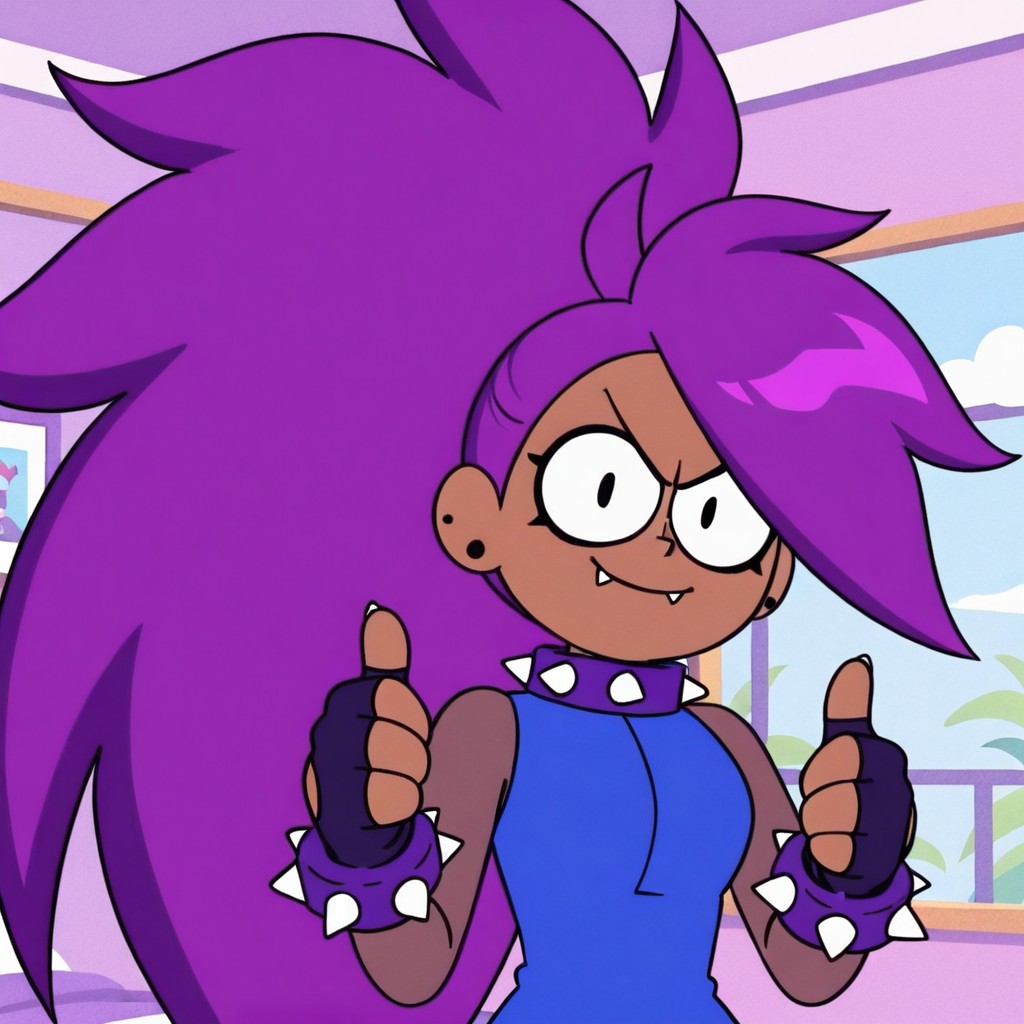 flat color,turbo enid,dark-skinned female,big hair,purple hair,very long hair,ponytail,black eyes,fangs,spiked collar,dress,fingerless gloves,spiked bracelet,smile,closed mouth,thumbs up,looking at viewer,upper body portrait,indoors,day,bedroom