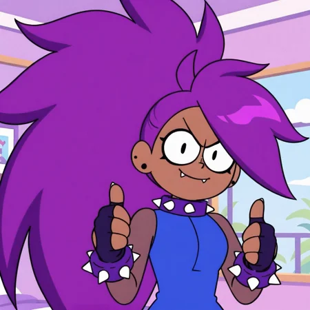 flat color,turbo enid,dark-skinned female,big hair,purple hair,very long hair,ponytail,black eyes,fangs,spiked collar,dress,fingerless gloves,spiked bracelet,smile,closed mouth,thumbs up,looking at viewer,upper body portrait,indoors,day,bedroom