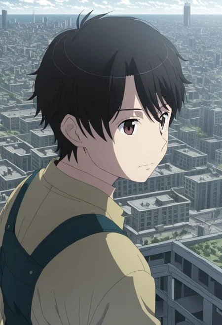 high resolution, solo, best quality, 1Boy, Inaho Kaizuka, Black Hair, Brown Eyes, high-rise, top of building, landscape, depth of field, OverallDetail