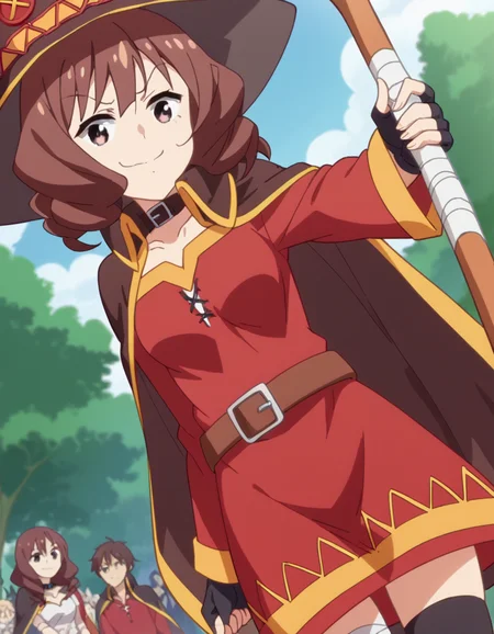 score_9, score_8_up, score_7_up, source_anime, <lora:kazuko-hosogawa-s1-ponyxl-lora-nochekaiser:1>, kazuko hosogawa, brown hair, grey eyes, drill hair, medium breasts, anime screencap, <lora:megumin-cosplay-ponyxl-lora-nochekaiser:1>, megumin cosplay, megumin (cosplay), thighhighs, gloves, hat, dress, black gloves, belt, black thighhighs, fingerless gloves, cape, collar, witch hat, bandages, red dress, single thighhigh, asymmetrical legwear, bandaged leg,, staff, holding staff, smug, outdoors, looking at viewer, cowboy shot,, , dutch angle, cowboy shot
