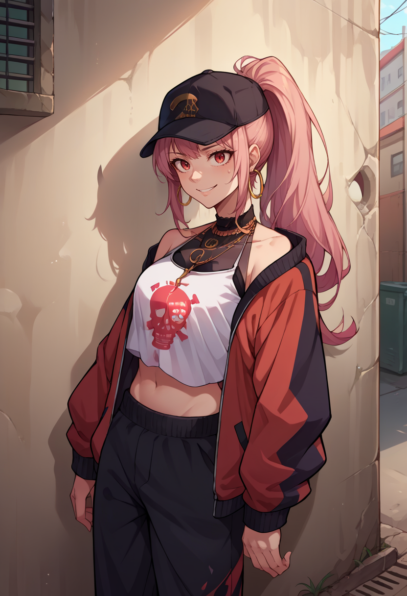 score_9, score_8_up, source_anime, 1girl, solo, MoriStreetwear, long hair, ponytail, baseball cap, necklace, hoop earrings, open track jacket, two-tone red and black track jacket, black sweatpants, white halter shirt, skull print, midriff, outdoors, alley, leaning, back against wall, smile, <lora:CHAR-MoriCalliopePonyXL:1>