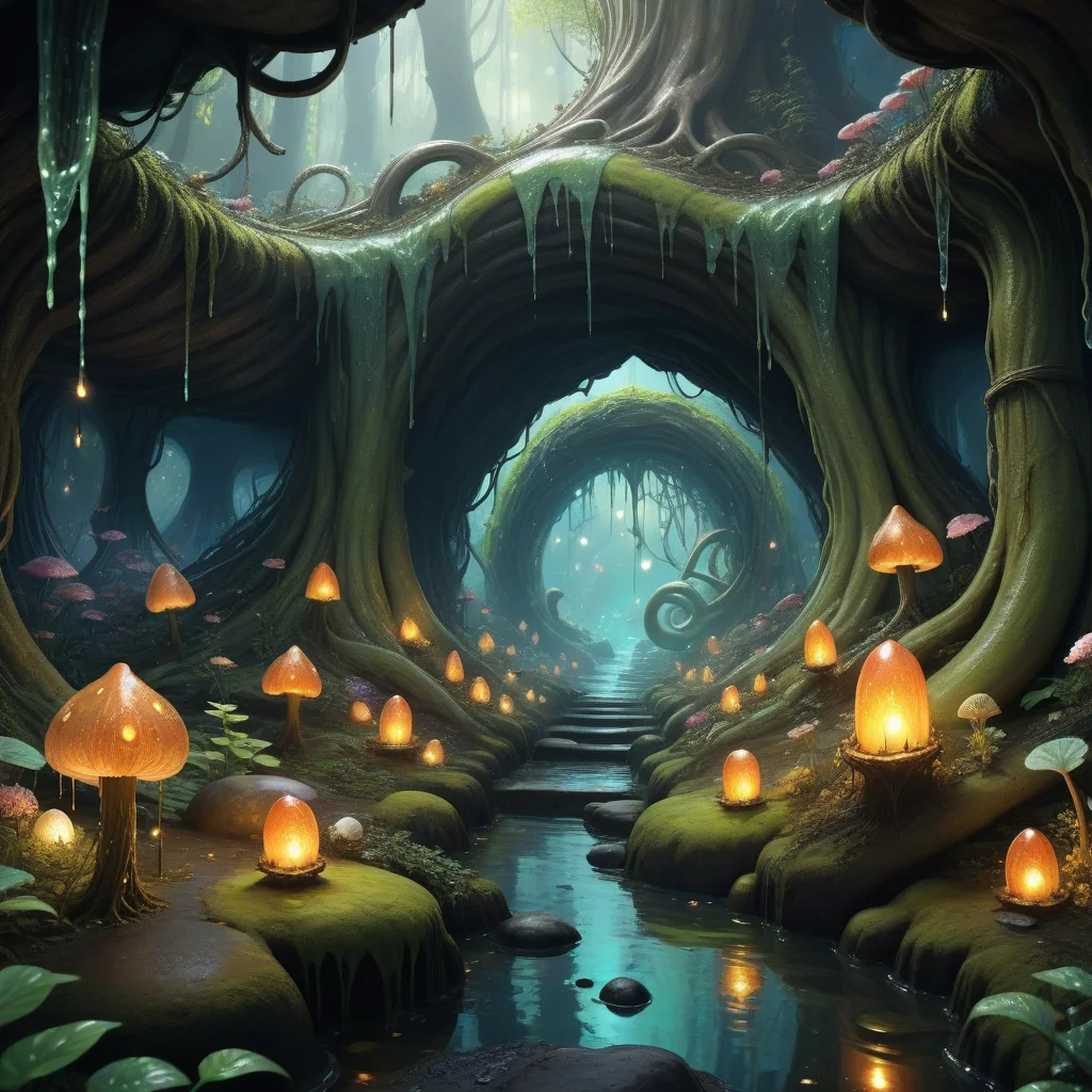 , 4k art station, incredible natural fanplay-intricate acience-gentle exorsite sparkles that pair well in isolation with nobody ((there seems inter ruptured perhaps a massive soft slime between dissetti mixed by ground zero:1.16)) in an endless tunnel, fungal lanterns billow highly detailed artwork trending  <lora:add-detail-xl:1>