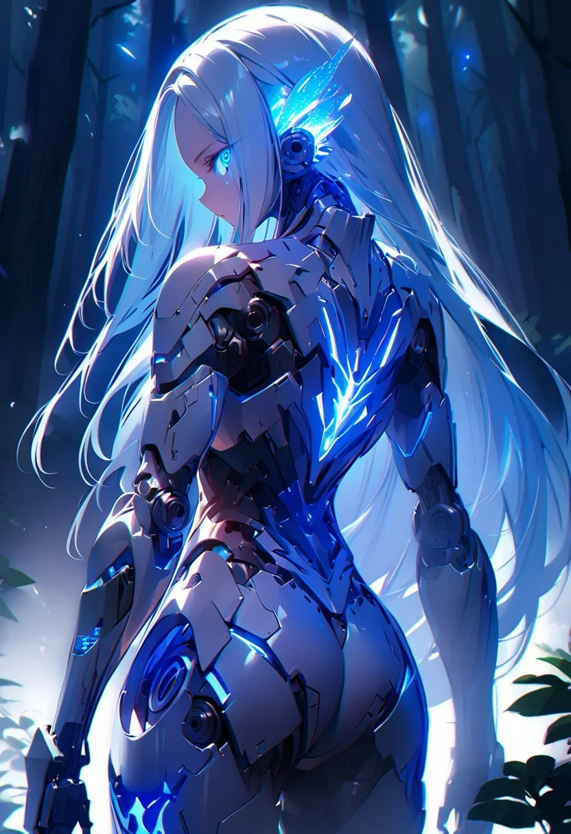 ((masterpiece), (best quality), (ultra-detailed),
illustration, 3DMM,
1woman, deep blue eyes, blue hair , very long hair, forehead, black footwear, high heels, standing, looking at viewer, trees, night sky, stars, forest, futuristic, hand prosthesis, scifi , lrg prosthesis, glossy, armor, cyborg, perfect body, silver and blue glow, mechanical joints, from back, chiaroscuro shading, extra detailed eyes, perfect eyes, back,
prostheses, cyber prostheses, glowing hair, detailed face, blue particle, upper body, face focus,)