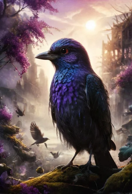 ral-apoctvisn, dark, chiaroscuro, low-key, breathtaking masterpiece showcasing a gorgeous little bird, Violet-crowned nymph, bathed in soft, golden morning light, surrounded by vibrant bokeh balls that frame its delicate form. The image will be rendered in sharp detail, capturing every feather and intricate feature of the bird with stunning clarity. The soft, diffused lighting will enhance the warmth and radiance of its plumage, while high-quality bokeh adds a magical touch to the scene. Multiple image exposures will be expertly combined to emphasize the bird's vibrant colors and captivating gaze, resulting in a lifelike portrayal of tranquil beauty.
The artwork will feature shimmering digital colors in a mixed media style on textured paper, creating an overlapping, asymmetrical, abstract composition bursting with vibrant hues. Every inch of the image will be filled with intricate details, from the feathers of the nymph to the surrounding environment, all depicted in extreme detail. The wide range of colors will add depth and richness to the scene, with soft shadows and low saturation tones creating a serene yet evocative atmosphere.
With insane quality, resolution, and details, the final image will be a true masterpiece of nature photography, showcasing dramatic, dynamic, and cinematic elements. The sharp details will bring the scene to life, immersing viewers in the beauty and wonder of the Violet-crowned nymph in a way that is both breathtaking and captivating.