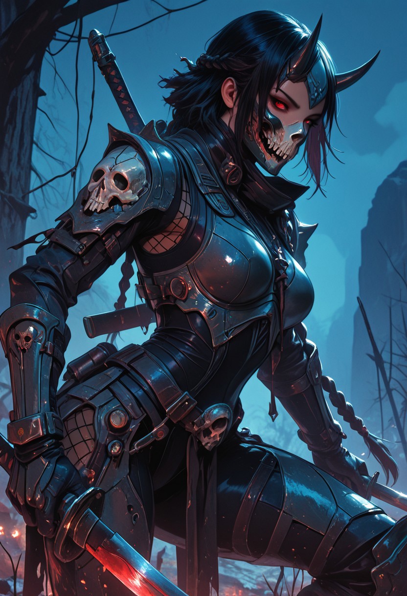 (masterpiece), (best quality), (8k), 1girl, cinematic lighting, dynamic action pose, highres, very detailed, amazing quality, masterpiece,
very aesthetic, intense,
particle effect,
1girl, samurai, solo, braided hair, layered samurai armor, bodysuit, tight clothing, fishnets, sleeveless, futuristic armor, runic symbols etched in armor, armored legs, full mask, halfmask, katana, red eyes, skulls, 
assassin theme, japan theme,
looking at viewer, tough pose, holding spear,
mountains, 
at night, night, close up, closeup,