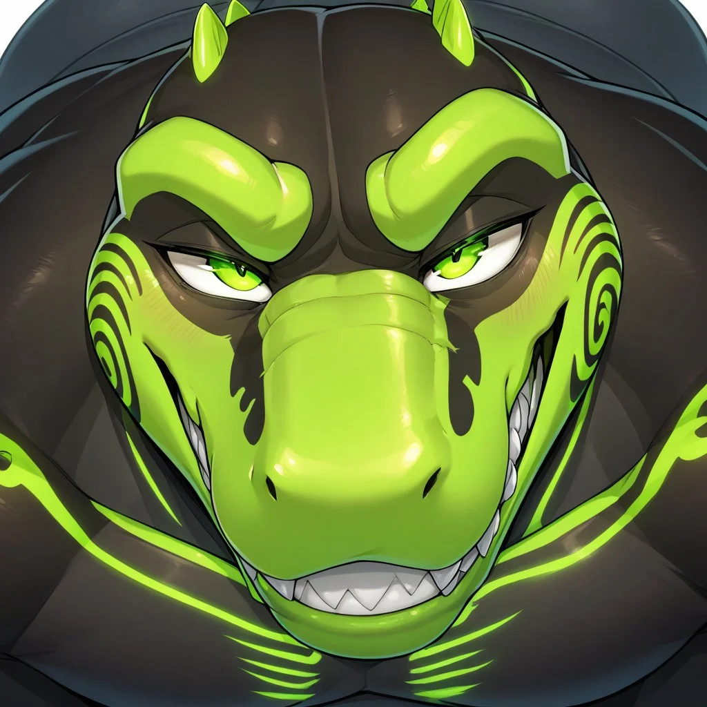 masterpiece, best quality, newest, absurdres, highres,
Marvol, solo, anthro gator, green markings,  male, green claws, glowing ribs, wide face, fat,  neon green snout, sharp teeth, thick neon green eyebrows, face focus, grin,