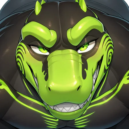 masterpiece, best quality, newest, absurdres, highres,
Marvol, solo, anthro gator, green markings, male, green claws, glowing ribs, wide face, fat, neon green snout, sharp teeth, thick neon green eyebrows, face focus, grin,