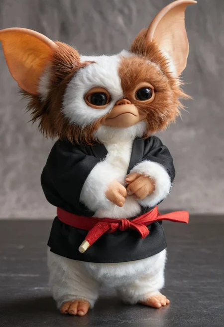 amazing quality, masterpiece, best quality, hyper detailed, ultra detailed, UHD, perfect anatomy, portrait, dof, hyper-realism, majestic, awesome, inspiring, - a fluffy cute #giz# gizmo (with a karate fighting position:1.5), (a black kimono :1.5) (prepared for combat on top of a tatami in the middle of a stadium full of people cheering him on:1.5),cinematic composition, soft shadows, national geographic style,