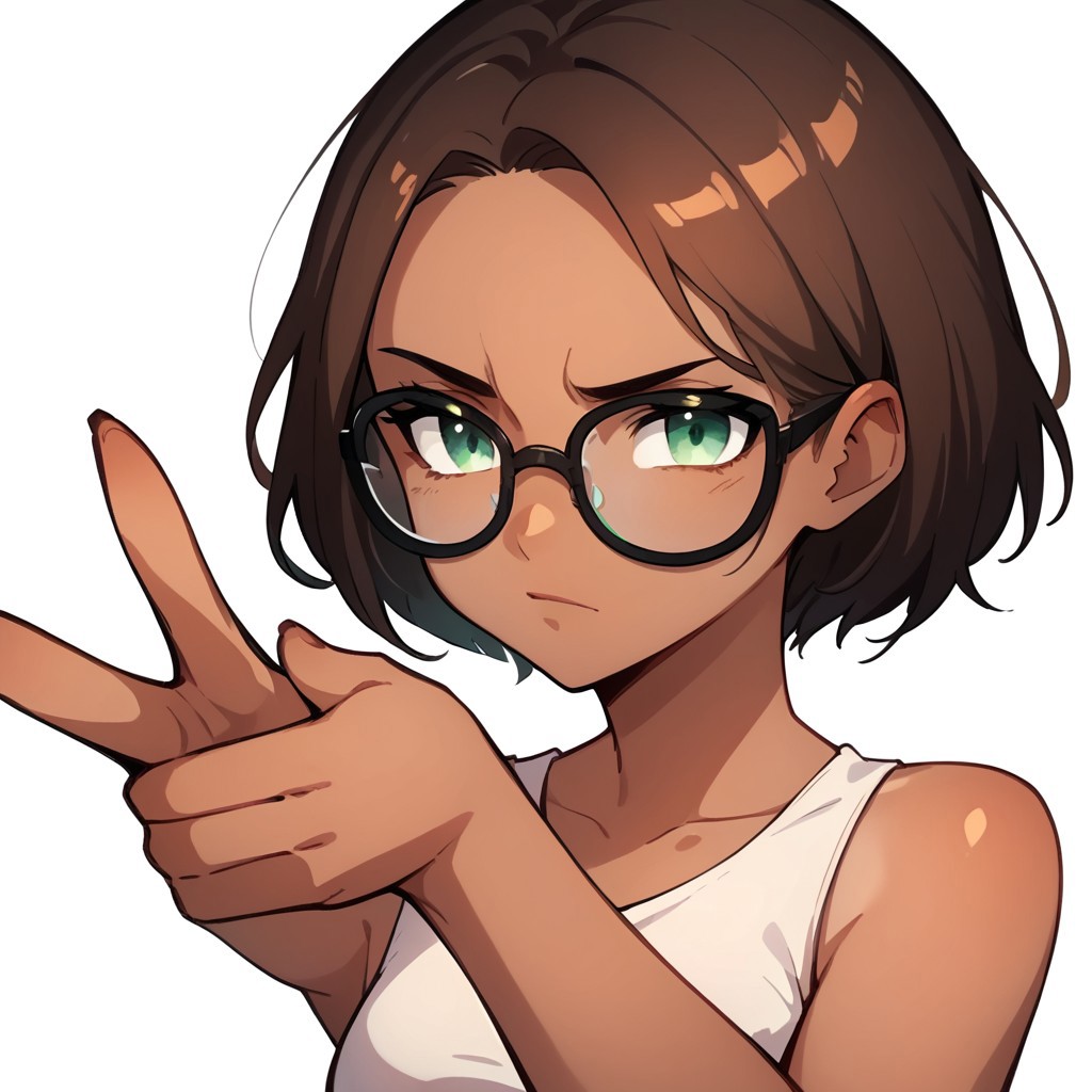 em0te art style, score_9, score_8_up, score_7_up, score_6_up, solo, female, short brown hair, green eyes, black-framed glasses, tan skin, white tank top, white background, fingunatv, finger gun