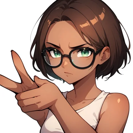 em0te art style, score_9, score_8_up, score_7_up, score_6_up, solo, female, short brown hair, green eyes, black-framed glasses, tan skin, white tank top, white background, fingunatv, finger gun