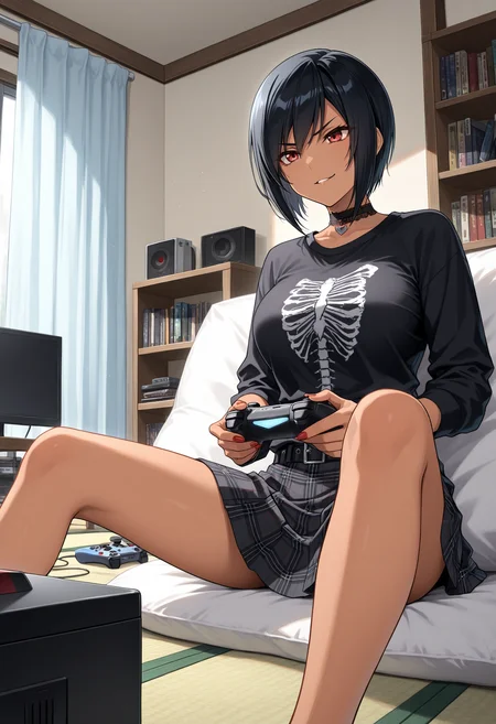 masterpiece, best quality, 1girl, solo, Naomi Evans, black hair, short hair, bangs, black belt, black choker, emo fashion, jewelry, lace-trimmed choker, lace trim, long sleeves, plaid clothes, plaid skirt, black skirt, black shirt, t-shirt, indoors, playing games, red eyes, heart choker, tatami, table, sliding doors, bookshelf, sitting, spread legs, controller, game controller, holding controller, holding game controller, looking ahead, v-shaped eyebrows, smirk, parted lips, messy room
