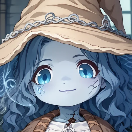 score_9, score_8_up, score_7_up, source_anime, solo, 1girl, IncrsXLRanni, mutsukiface, chibi, portrait, smile, closed mouth, wavy hair, cracked skin, blue skin, colored skin, extra arms, extra faces, doll joints, white dress, witch hat, brown cloak <lora:meme_mutsukiface_ponyXL:1> <lora:Ranni_XLPD_CAME:1>