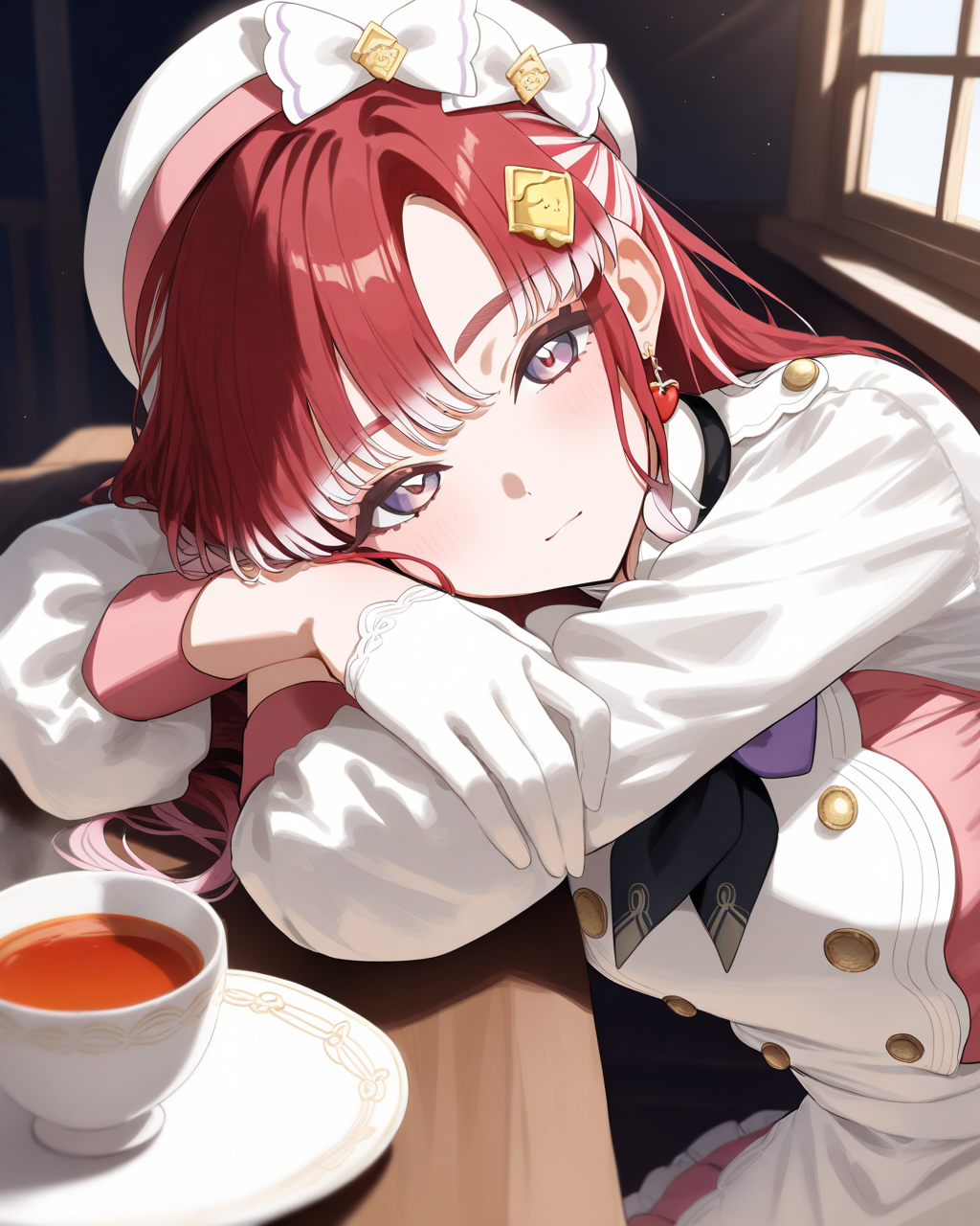 1girl,
SaotomeBerryNijisanji,
safe, solo, upper body,
resting, tea,
white headwear,
hat bows,
earrings,
hair ornament,
white jacket, black neckerchief,bowtie,
double-breasted, large breasts,
pink dress, frilled dress,
puffy sleeves, white gloves,
white apron,
table,
depth of field,
<lora:kp_SaotomeBerryNijisanji1stCostumeAnimagineXL_v1_1:1.0>,
masterpiece, high score, great score, absurdres