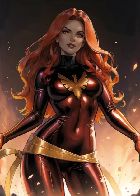 beautiful, (masterpiece:1.2), (best quality:1.2), perfect face, perfect lighting, pov, from below, 1girl, jean-grey, red bodysuit, evil smile, glowing eyes, glowing sclera, intimidating, foreshortening, depth, <lora:jean_grey-10:0.8>, simple gradient background