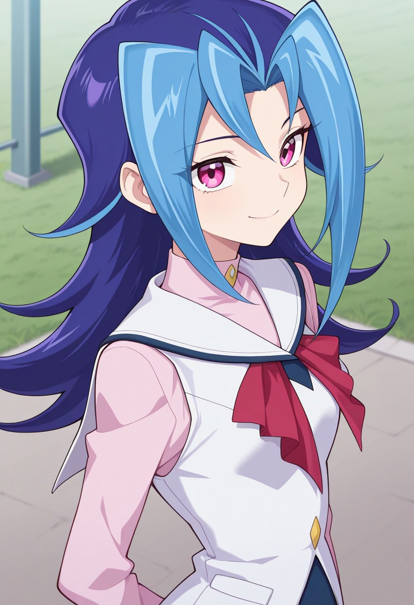 masterpiece,best quality,amazing quality, source_anime,
rioKamishi, 1girl, solo, pink eyes, multicolored hair, purple hair, blue hair, long hair, shirt, pink shirt, turtleneck, long sleeves, red bow, jacket, white jacket, sleeveless jacket, smile,
outdoor,