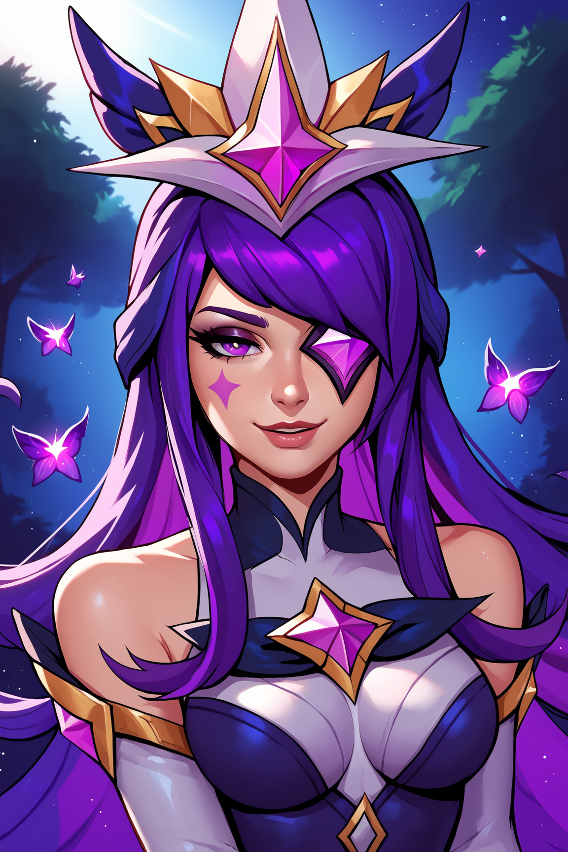 score_9, score_8_up, score_7_up, score_6_up, BREAK, SyndraSGXL, facial mark, purple eye, eyepatch, purple hair, long hair, sidelocks, bangs, hair ornament, medium breasts, star, (symbol), star guardian (league of legends), bare shoulders, purple dress, white elbow gloves, solo, front view, (portrait, upper body), solo focus, seductive smile, looking at viewer, forest, tree  <lora:SyndraSGXL:0.9>