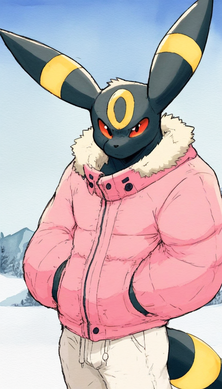 <lora:DaHecksAJerry_LoRA_NAI-XL:1> DaHecksAJerry, watercolor, male, solo, anthro, furry, (Umbreon), pink winter jacket, white pants, hands in pockets, looking at viewer, (((snowy background))), best quality, masterpiece