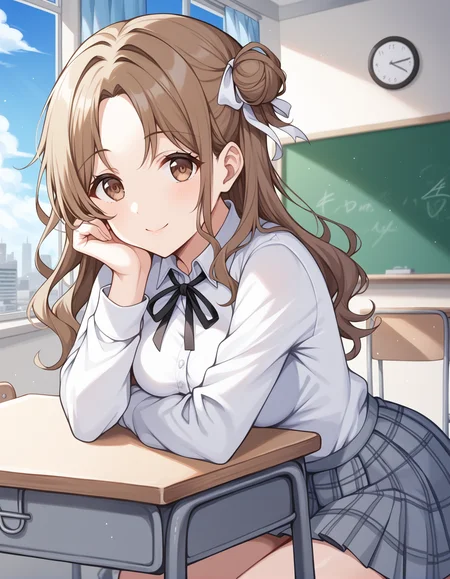 score_9, score_8_up, score_7_up, source_anime, rating_safe, BREAK <lora:hinanaIchikawa_XL-Pony_LoRA-C3Lier_16-16-8-8_AdamW_Un3e-4_Te1.5e-4_10batch:1>, ichikawa hinana, 1girl, single side bun, single hair bun, brown hair, long hair, parted bangs, brown eyes, medium breasts, hair ribbon, white ribbon, neck ribbon, black ribbon, white shirt, grey skirt, pleated skirt, plaid skirt, light smile, closed mouth, looking at viewer, facing viewer, dutch angle, sitting, leaning forward, light particles, school desk, school chair, classroom, chalkboard, window, curtains, gradient sky, orange sky, cloud, sunset, cityscape