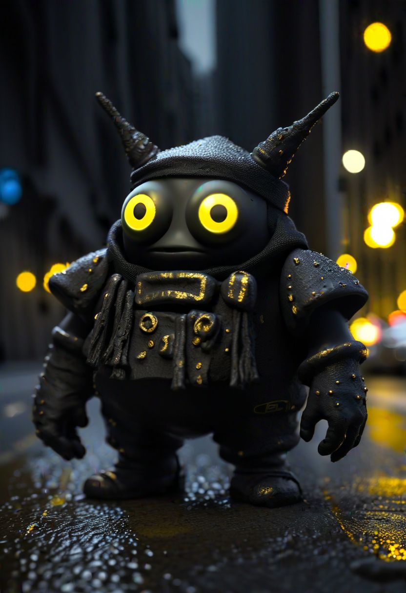 (((RAW Photo))) close up photo of strange small creatures dressed in a black combination with a (((cubic stone head and two small yellow lights in place of eyes))) and a brush of yellow paint in hand on the road on the yellow line, night light (((masterpiece)))