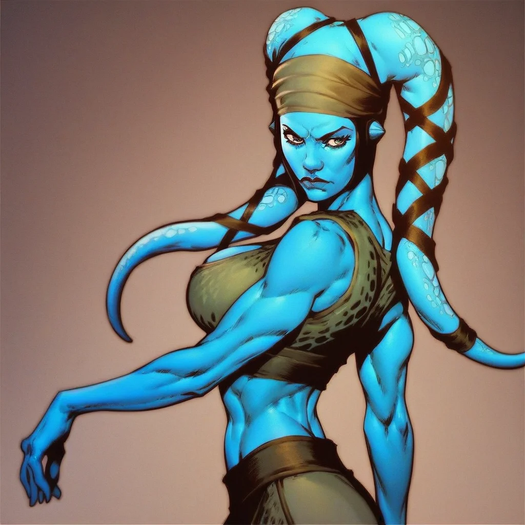 score_9, score_8_up, score_7_up, 1girl, solo, aayl4, twilek, blue skin, hazel eyes, big breasts, toned stomach, fit female, athletic female, narrow waist, serious expression, breast portrait, side view,