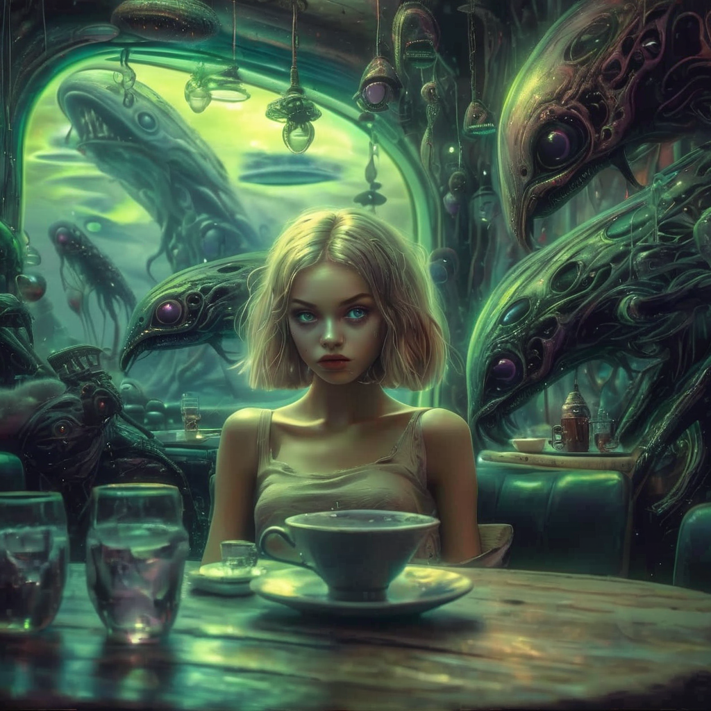visiosomni girl in a cafe in the background of surreal dark creatures<lora:visiosomni:1>