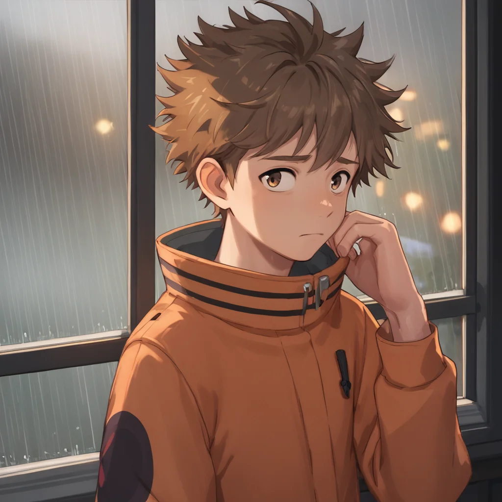 score_9,score_8_up, <lora:OtherStyle_01:0.6>,<lora:Hinata_Minoru-000011:0.8>,hinata minoru,brown hair,brown eyes,orange jacket,male focus,twink,solo, sad,rain, cafe, looking to the side, window,