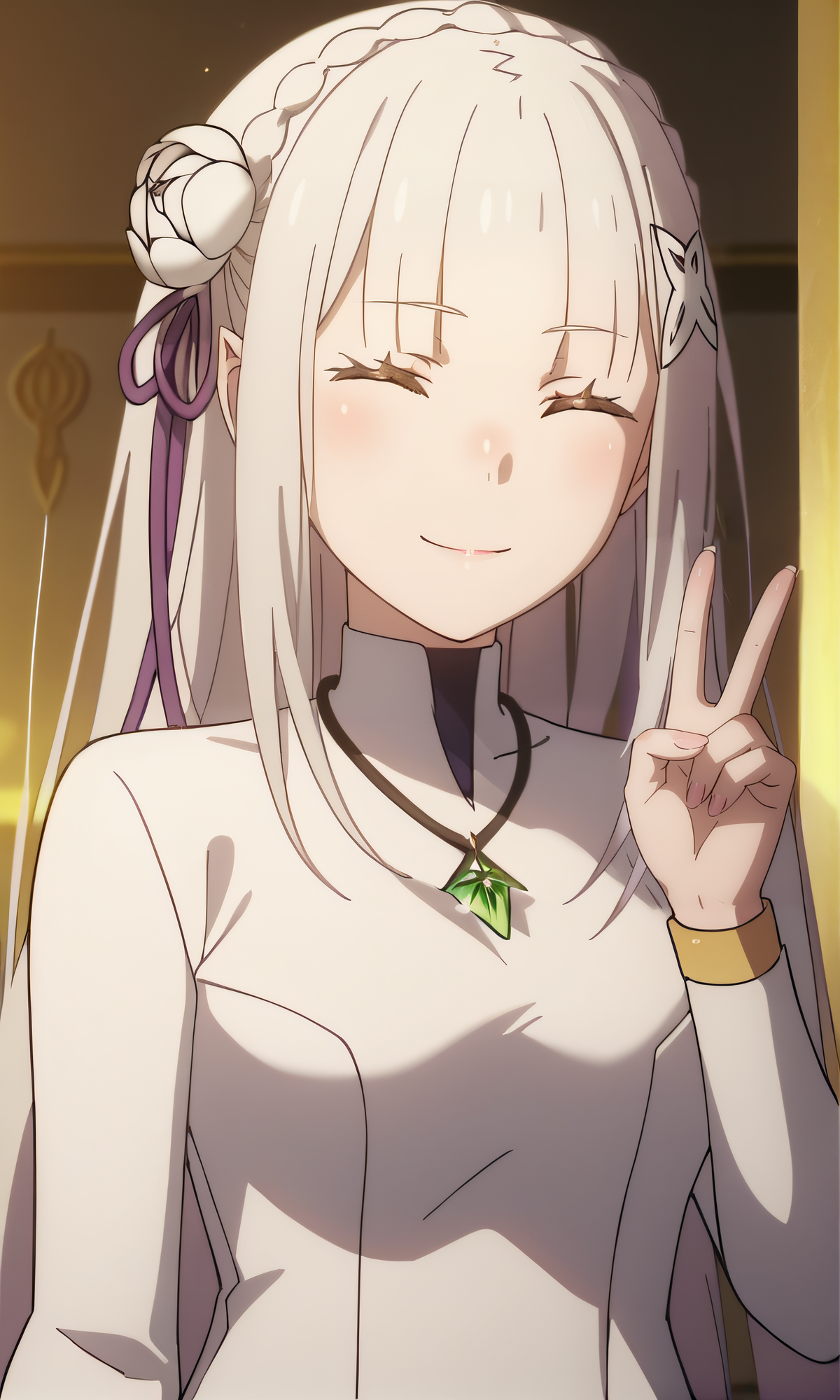 score_9, score_8_up, score_7_up, source_anime, rating_safe, intricate details, anime screencap, official style, anime coloring, 1girl, solo, <lora:3rdSEmilia:1>, altemilia, emilia (re:zero), long dress, long sleeves, necklace, turtleneck, looking at viewer, smile, indoor, peace sign, closed eyes, upper body
