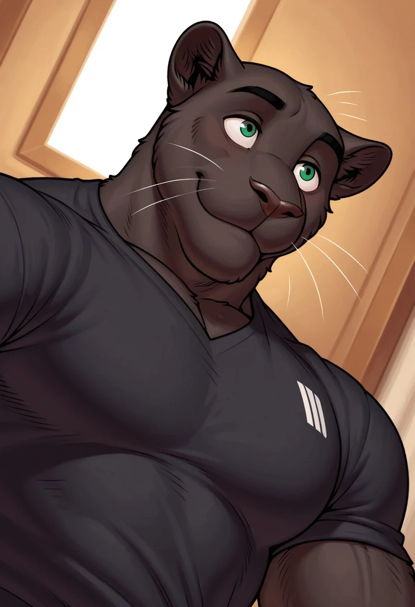 JoePL, solo, furry, panther, perfect eyes, perfect face, smile, black fur, tail, green eyes, muscular, bara, athletic build, large muscles, manly, huge pectorals, dynamic angle, face focus, portrait, black shirt, unparalleled masterpiece, best quality, amazing quality, very aesthetic, high resolution, 4K, extremely-detailed, depth of field, high sharpness, newest, scenery, detailed fur, detailed muscles, cinematic lighting <lora:Joev1:1>