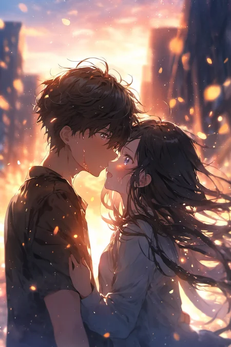 face focus, cute, masterpiece, best quality, 1boy,1girl,sunset background, light particle, solo, standing, pixiv, depth of field, cinematic compotision, best lighting, looking upï¼tears,weeping,run to each other, run, embrace