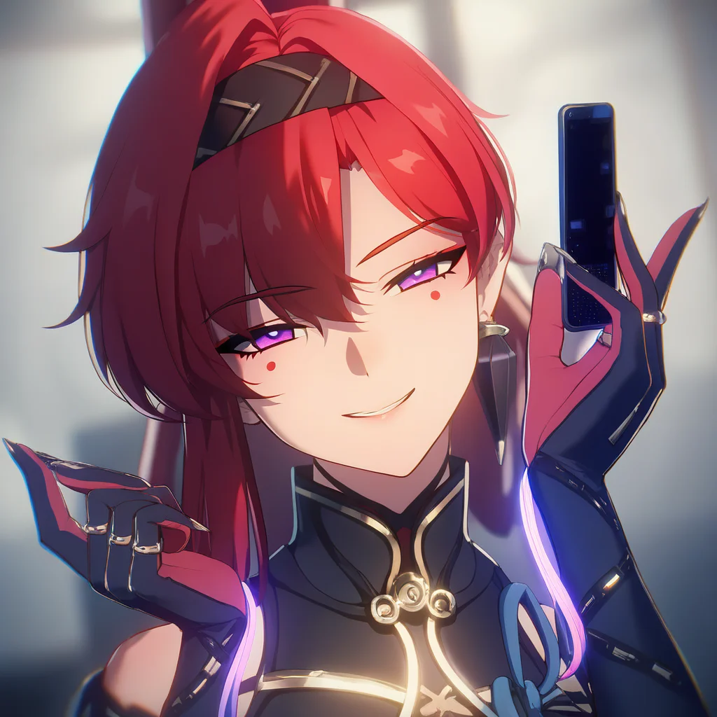 score_9, score_8_up, score_7_up,source_anime, Best quality, masterpiece,  BREAK yinlinx, 1girl, wearing echoset1, dot eyeliner, solo, purple eyes, smug, narrowed eyes, looking at viewer, head tilt, holding computer chip, upper body, close-up, hand up, blurry background
<lora:yinlinx-000007:0.8>