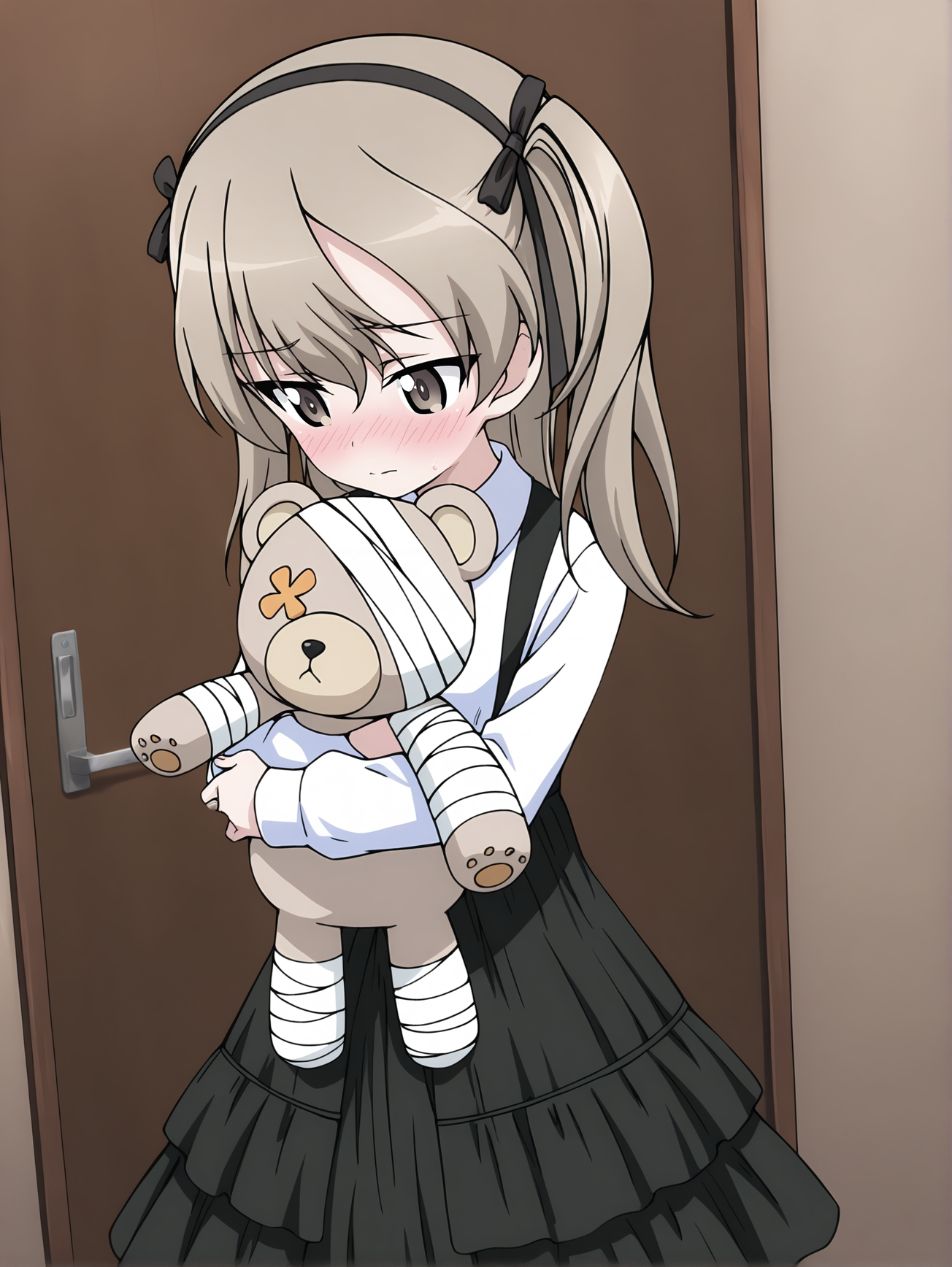masterpiece,best quality,amazing quality, <lora:Shimada_Alice_Character:0.8>shimada_arisu, 1girl, solo, bangs, brown_eyes, eyebrows_visible_through_hair, hair_ribbon, light_brown_hair, long_hair, one_side_up, black_ribbon, black_bowtie, white_shirt, dress_shirt, long_sleeves, suspender_skirt, black_skirt, layered_skirt, pleated_skirt, striped_legwear, holding, standing, holding a peluche, shy, blushing
