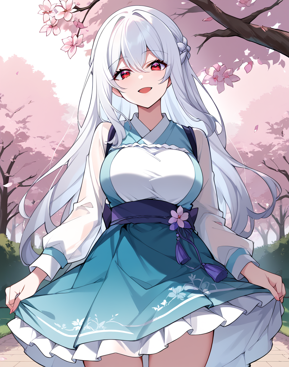 tang_xin, white hair, long hair, red eyes,  breasts, long sleeves, bangs, braid,traditional dress BREAK outdoors, park, cherry blossom trees  BREAK looking at viewer, sexy face, sexy smile, open mouth, cowboy shot, sexy pose, dynamic pose BREAK score_9, score_8_up, score_7_up, source_anime ,zPDXL, perfect hand,<lora:Tang_Xin:0.8>