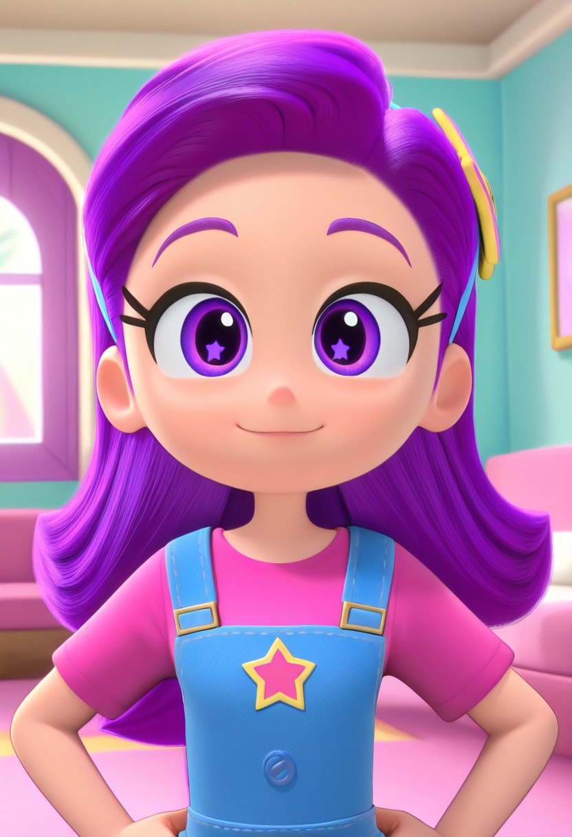 Purple_Star, 1girl, solo, fair skin, purple eyes, wavy hair, purple hair, light blue headband, star headband, pink t-shirt, light blue overalls, white socks, purple shoes, (light smile, Hands on hips, looking at viewer, indoors, elegant room, solo, dynamic pose, close-up, upper body,),