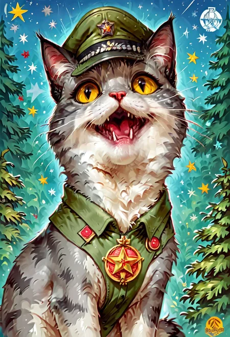 score_9, score_8_up, score_7_up, score_6_up, score_5_up, score_4_up, BREAK (soviet postcard, logo, komrade kat, propaganda portrait of very happy comrade cat, forest background), grey tabby cat, green soviet peaked cap, star shape, hammer and sickle, sun, blue sky, muted colors, Jed-Cosmos