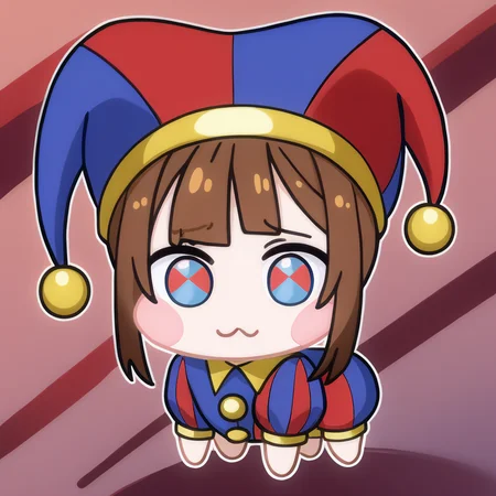 <lora:Doro_X_PDXL_V1:1> score_9 BREAK source_cartoon, doro, creature, chibi, :3, four legs, no humans <lora:digitalcircus_pomni_ponyXL:0.9> pomni, colored skin, blush stickers, jester cap, striped clothes, puffy short sleeves, mismatched gloves, puffy shorts, abstract background, dramatic lighting