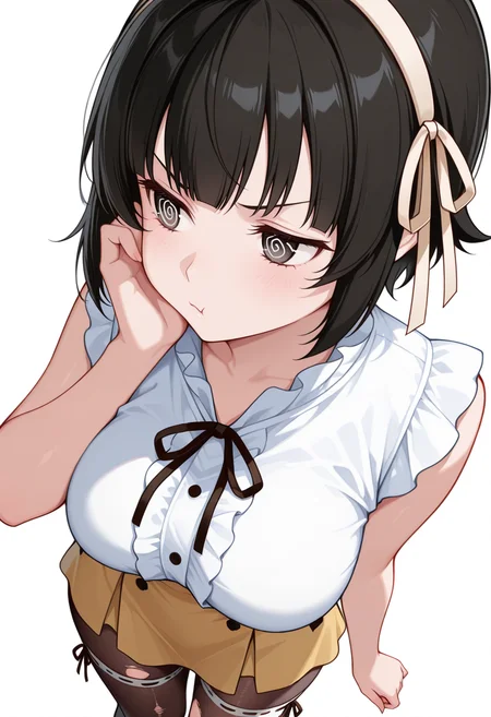 masterpiece,high quality details, ultra realistic, high detailed skin,absurdres,
hand on own cheek,
<lora:Arisa_Kusagakure:0.8> arisa_cnr, 1girl,black hair, short hair, bangs, black eyes, large breasts, hairband,, simple background, white background, dynamic angle,solo,, pout,color drain,, uwu,, blouse,shirt ,torn pantyhose, ,ribbon-trimmed legwear,