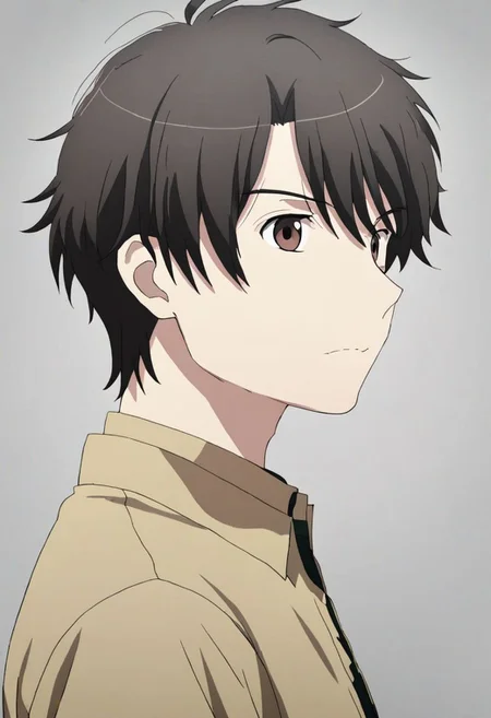 high resolution, solo, best quality, 1Boy, Inaho Kaizuka, Black Hair, Brown Eyes, potrait, dark shirt, looking at viewer, focused gaze forward, simple background, straight body, upper body, head upright, guilt, OverallDetail