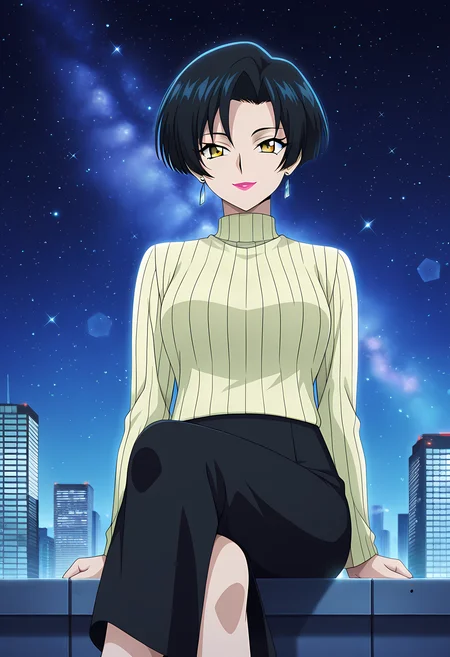masterpiece,best quality,amazing quality,
1girl, solo,
Soukawa Haruka (Cardfight Vanguard), short hair, black hair, yellow eyes, lipstick, makeup, earrings, jewelry, yellow sweater, turtleneck, long sleeves, long black skirt,
Smile, looking at viewer,
cinematic, cross legs, crossing legs,
Outdoors, On top skyscraper, sci-fi city, star (sky),
Lens flare, bloom,
Official style, anime screencap, anime coloring,