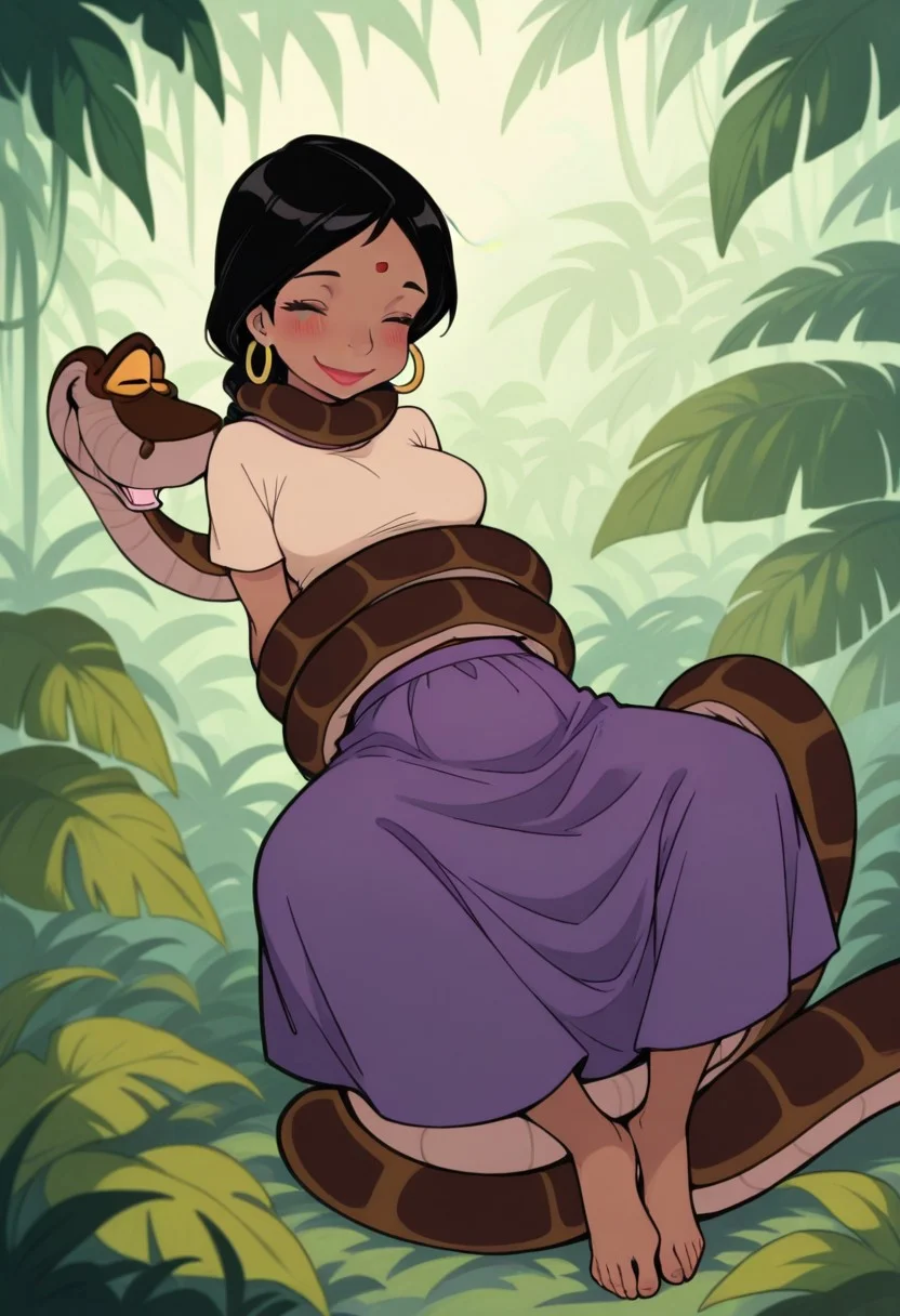 score_9, score_8_up, score_8, cute, eyelashes, 1girl, shanti, aged up, black hair, braided ponytail, red bindi, hoop earrings, beige shirt, long skirt, purple skirt, eyes closed, sleeping, dark skin, brown skin, dark indian skin, crop top, bare feet, medium breasts, jungle, blush, lipstick, wrapped in thick snake coils, arms down behind back, silly brainwashed smile, lips closed, mouth closed, snake coil around neck, snake coils wrapped around torso, leaning back, BREAK 1boy, male snake, snake has a huge head, massive snake, thick snake coils wrapped around shanti