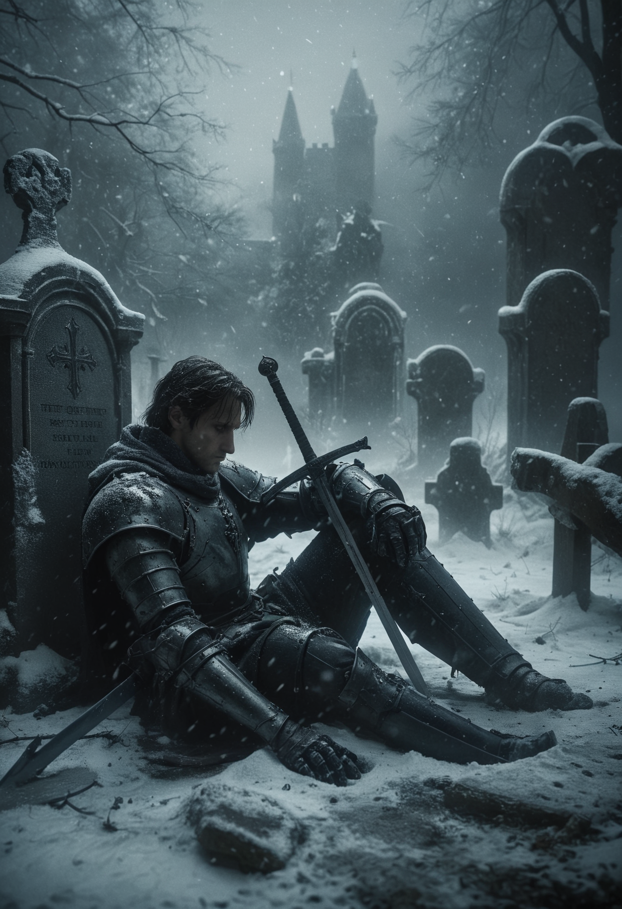 somber and cinematic scene, a fallen knight resting and lying down against a gravestone in a snow-covered graveyard, the knight clad in full armor, grips a sword with hand, the blade buried in the snow, Snowflakes gently fall around him, melancholic atmosphere, background is a dark gothic castle looms that obscured by the swirling snow and mist, haunting beauty of a warrior's final rest, <lora:- SDXL - vanta-black_contrast_V3.0:0.5>, <lora:NicolaSamori:0.6>, <lora:MJ52:0.3>, <lora:ral-ertmsphr:0.8>
