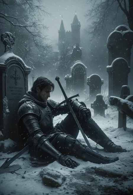 somber and cinematic scene, a fallen knight resting and lying down against a gravestone in a snow-covered graveyard, the knight clad in full armor, grips a sword with hand, the blade buried in the snow, Snowflakes gently fall around him, melancholic atmosphere, background is a dark gothic castle looms that obscured by the swirling snow and mist, haunting beauty of a warrior's final rest, <lora:- SDXL - vanta-black_contrast_V3.0:0.5>, <lora:NicolaSamori:0.6>, <lora:MJ52:0.3>, <lora:ral-ertmsphr:0.8>