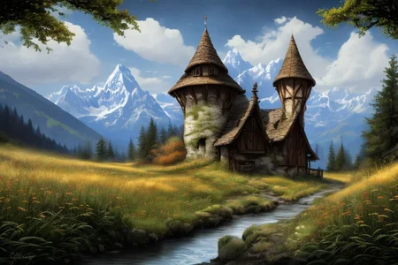 realistic analog photo, award winning photo, 
fantfa, background, mountain, stream, trees, foreground, field, house, farm, witow, a wizard watch tower,
high-quality, crisp, sharp, professional-grade, high-resolution, fine detail, accurate colors, low noise, fast shutter speed, wide dynamic range, precise focus, RAW, highres, 8k, uhd, High Dynamic Range, tonemapping, crisp details,