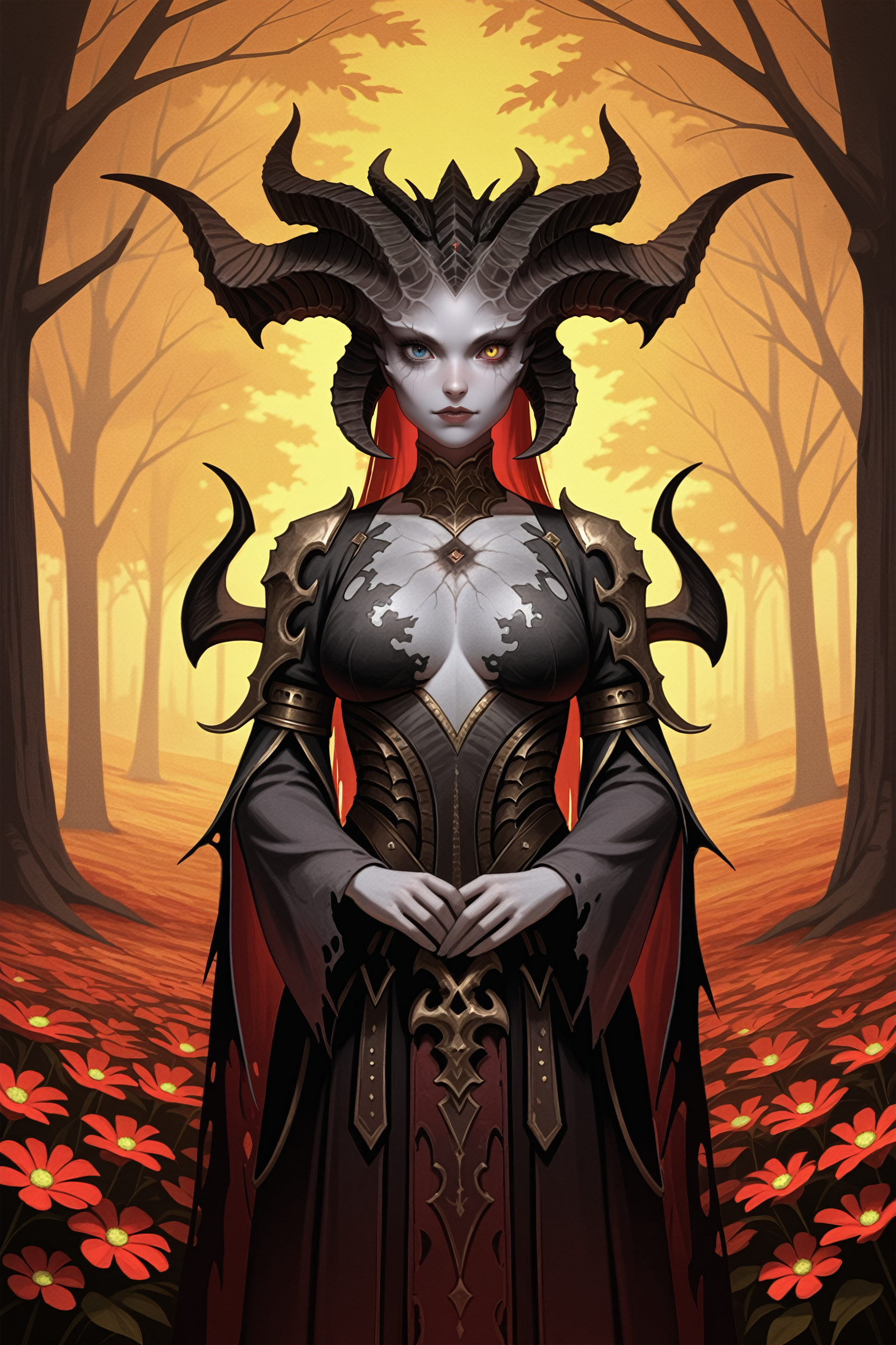 masterpiece, best quality, absurdres,
<lora:ILD4Lilith:0.8>
D4Lilith, 1girl, demon horns, heterochromia, gray skin, looking at viewer, in autumn,seasonal flower,seasonal background,flower background, posing